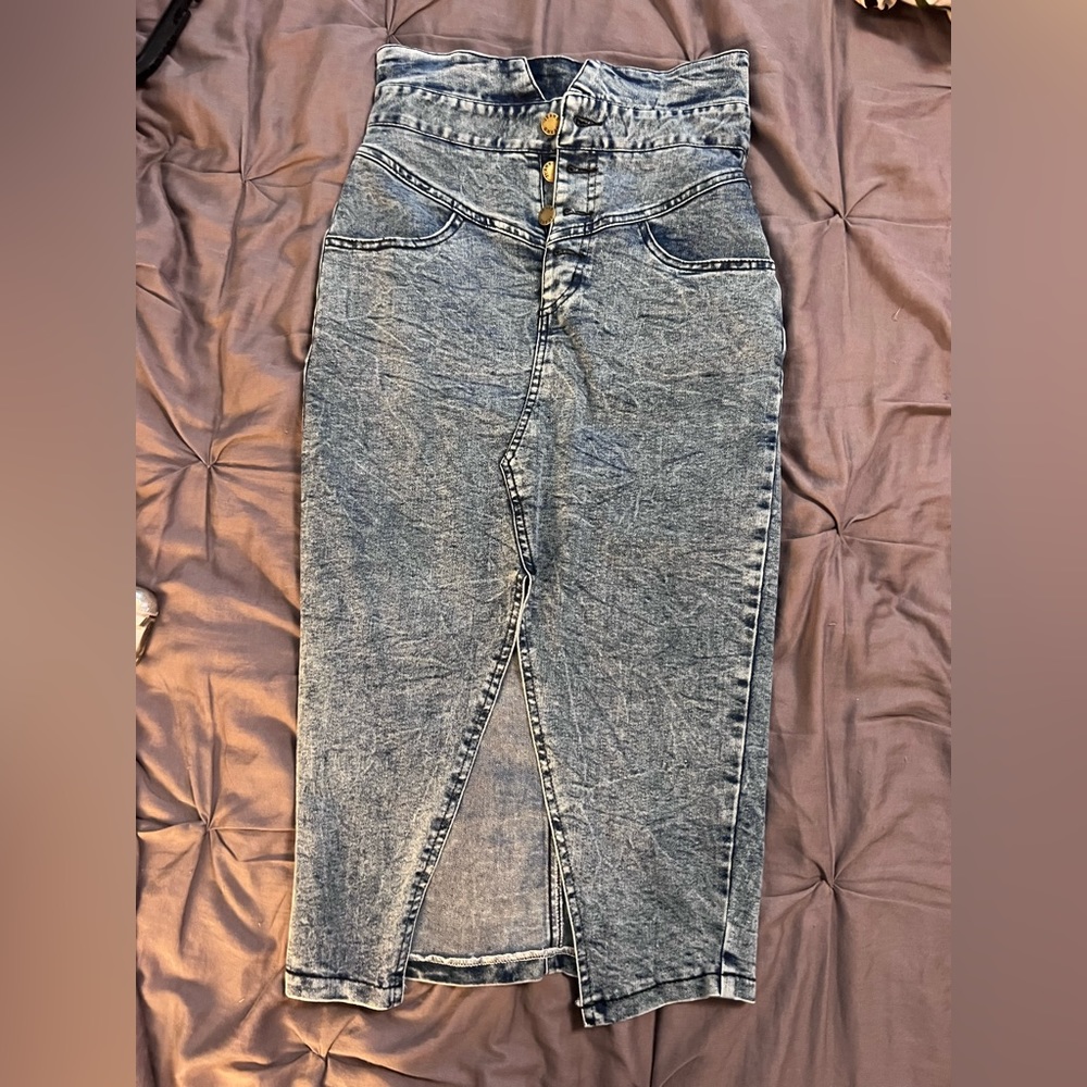 Light jean mid length skirt. Worn once, great condition.